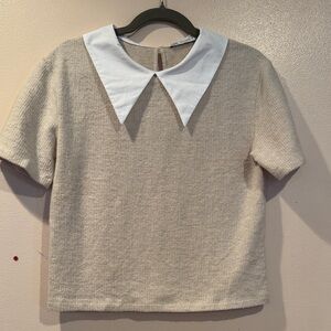 Zara Knit Top Women’s Small Cream Ribbed Peter Pan Collar Short Sleeve